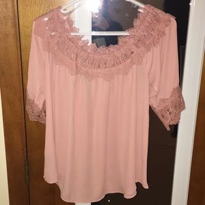 Light pink lacy blouse. Off-the-shoulder!